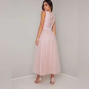 Lace insert Fitted Bodice Tulle Midi Dress
